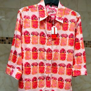 Tizzie 100% cotton blouse in bright pink/coral print- size M 3/4 cuffed sleeve